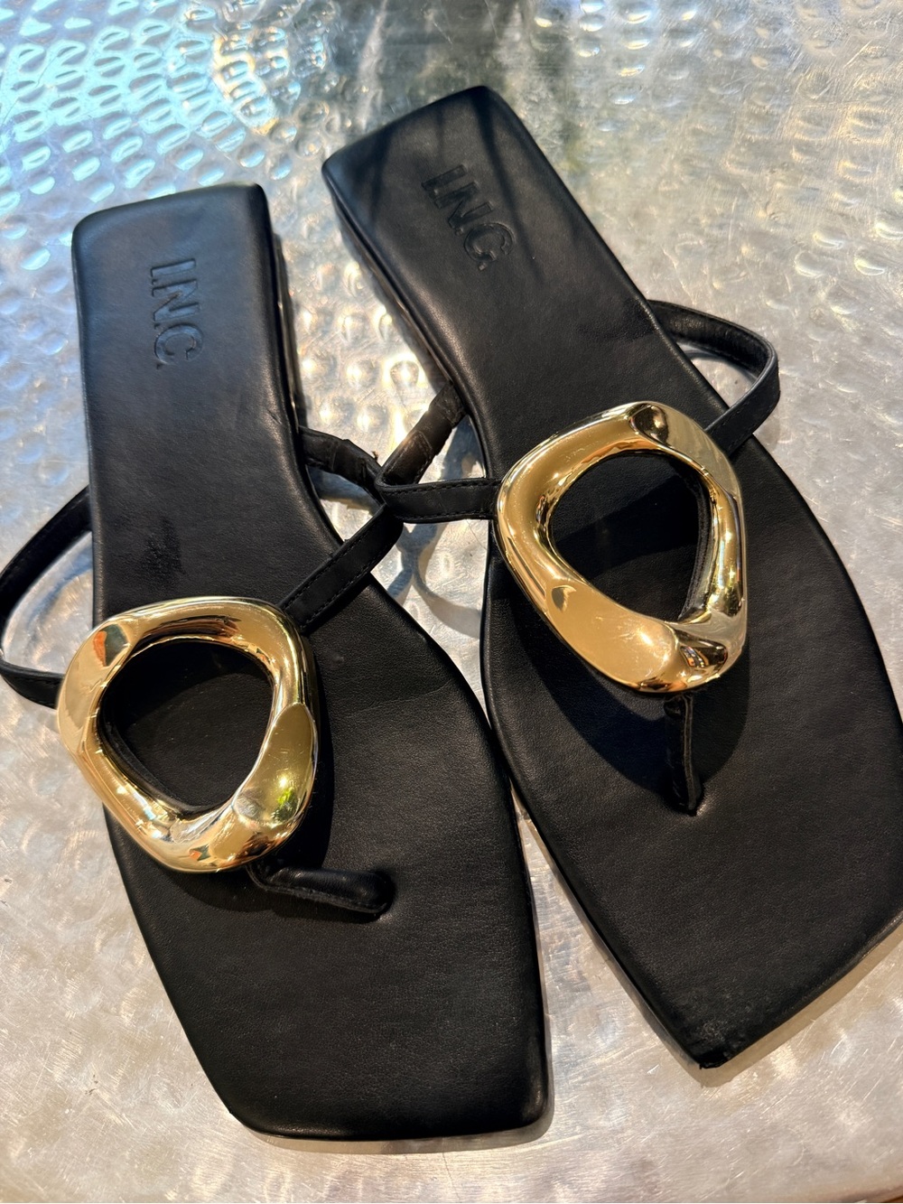 INC International Concepts Black Sandals with Gold Accent Loop